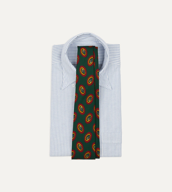 Drake's Green Oval Medallion Print Silk Self Tipped Tie