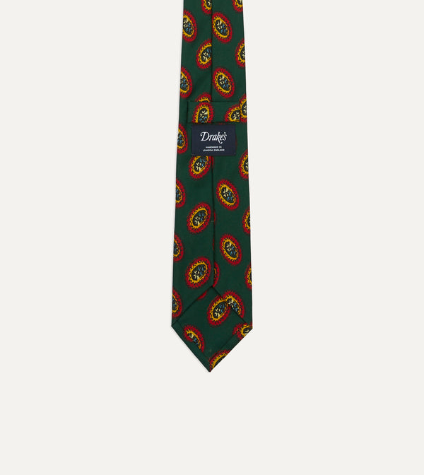 Drake's Green Oval Medallion Print Silk Self Tipped Tie