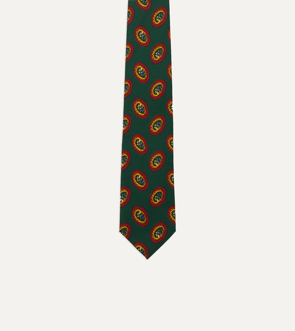Drake's Green Oval Medallion Print Silk Self Tipped Tie