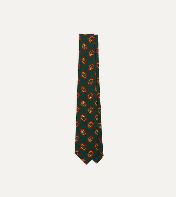 drake's Green Oval Medallion Print Silk Self Tipped Tie
