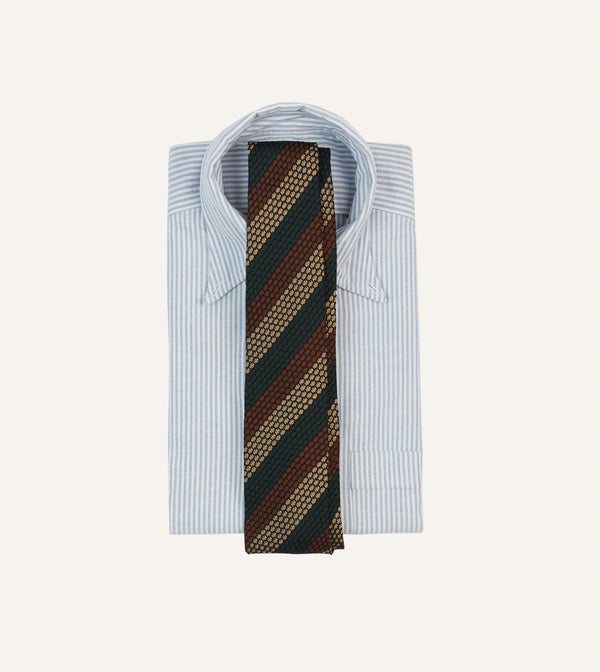 Drake's Green Red And Gold Block Stripe Hand Rolled Silk Grenadine Tie