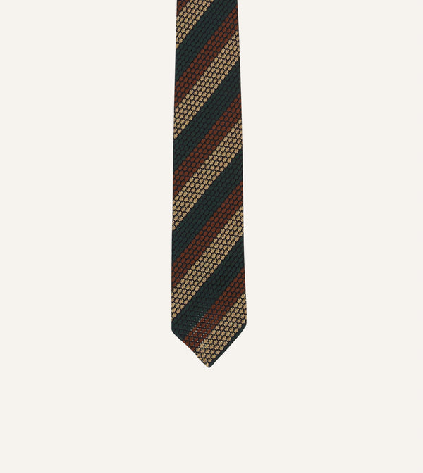 Drake's Green Red And Gold Block Stripe Hand Rolled Silk Grenadine Tie
