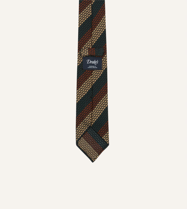 Drake's Green Red And Gold Block Stripe Hand Rolled Silk Grenadine Tie