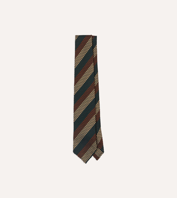 drake's Green Red and Gold Block Stripe Hand Rolled Silk Grenadine Tie