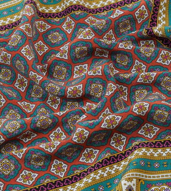 Drake's Green Red And Gold Floral Medallion Print Silk Pocket Square