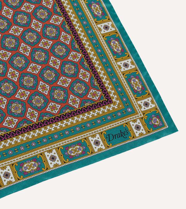 Drake's Green Red And Gold Floral Medallion Print Silk Pocket Square