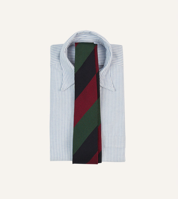 Drake's Green Red And Navy Wide Stripe Hand Rolled Silk Grenadine Tie