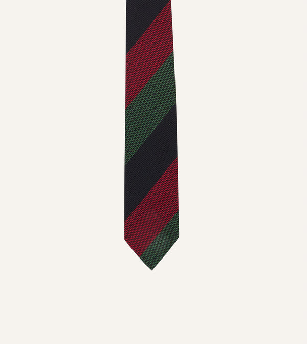 Drake's Green Red And Navy Wide Stripe Hand Rolled Silk Grenadine Tie