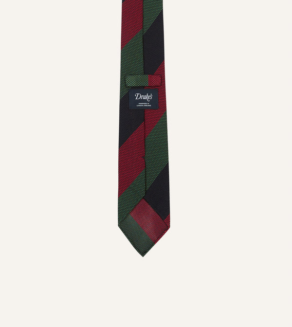 Drake's Green Red And Navy Wide Stripe Hand Rolled Silk Grenadine Tie