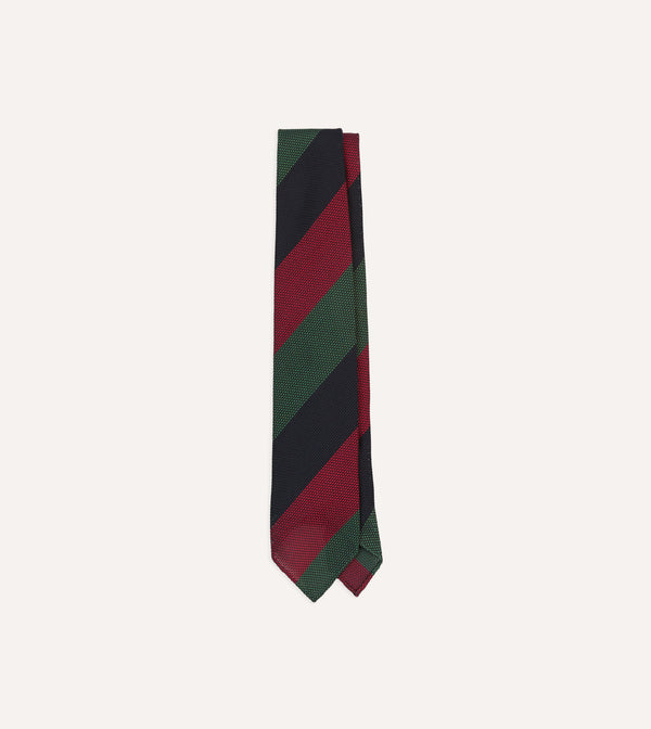 drake's Green Red and Navy Wide Stripe Hand Rolled Silk Grenadine Tie