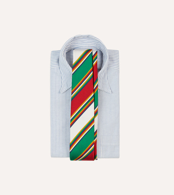Drake's Green Red And White Stripe Mogador Silk Tipped Tie