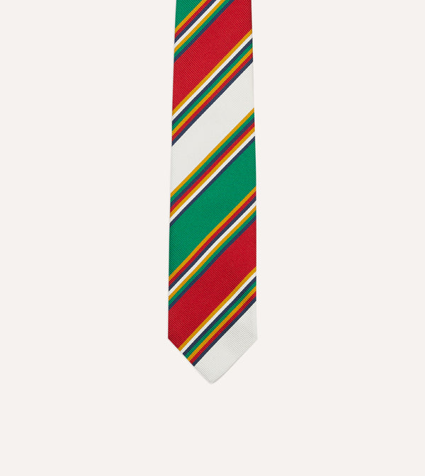 Drake's Green Red And White Stripe Mogador Silk Tipped Tie