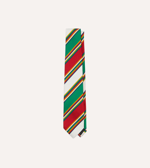 drake's Green Red and White Stripe Mogador Silk Tipped Tie