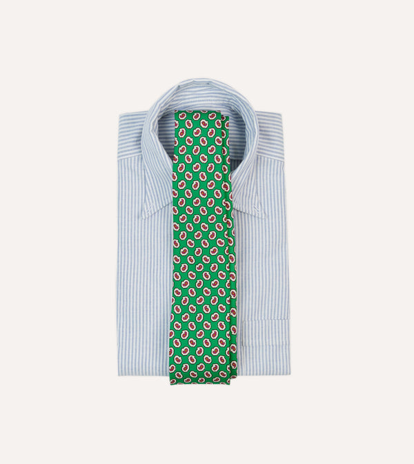 Drake's Green Small Paisley Leaf Print Silk Self Tipped Tie