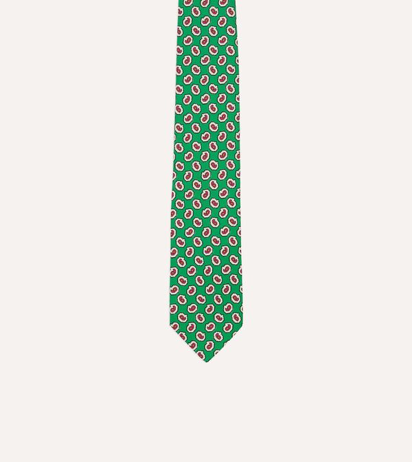 Drake's Green Small Paisley Leaf Print Silk Self Tipped Tie