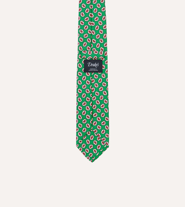 Drake's Green Small Paisley Leaf Print Silk Self Tipped Tie
