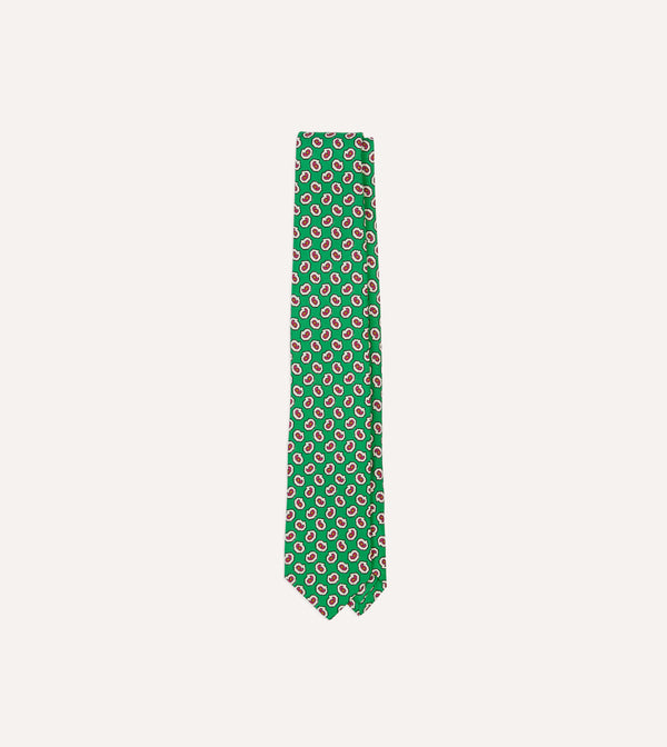 drake's Green Small Paisley Leaf Print Silk Self Tipped Tie