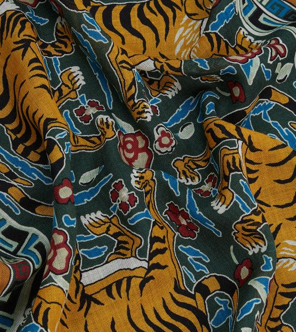 Drake's Green Tiger Motif Print Wool-Silk Pocket Square