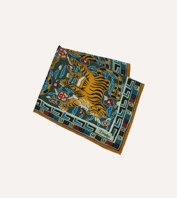 Drake's Green Tiger Motif Print Wool-Silk Pocket Square