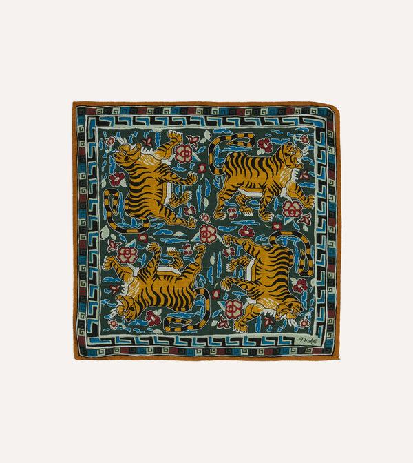 drake's Green Tiger Motif Print Wool-Silk Pocket Square