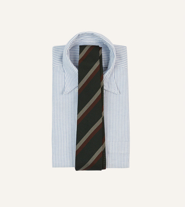 Drake's Green White And Brown Double Stripe Hand Rolled Silk Grenadine Tie