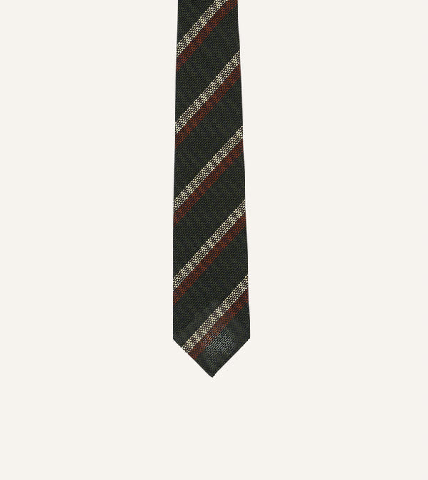 Drake's Green White And Brown Double Stripe Hand Rolled Silk Grenadine Tie