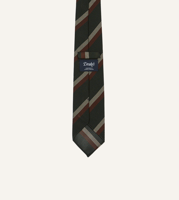 Drake's Green White And Brown Double Stripe Hand Rolled Silk Grenadine Tie