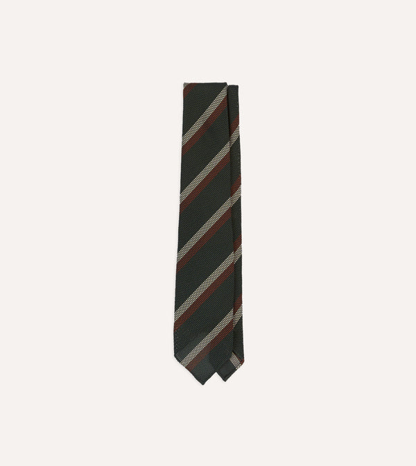 drake's Green White and Brown Double Stripe Hand Rolled Silk Grenadine Tie