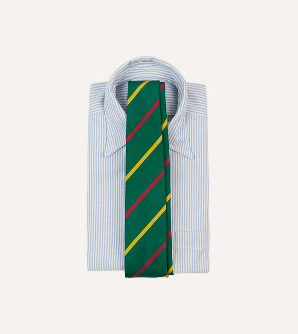 Drake's Green Yellow And Pink Bar Stripe Mogador Silk Tipped Tie