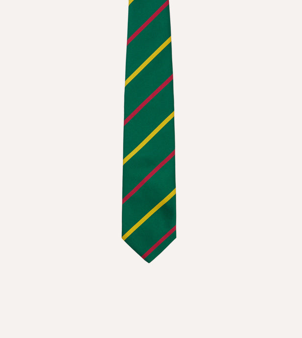 Drake's Green Yellow And Pink Bar Stripe Mogador Silk Tipped Tie