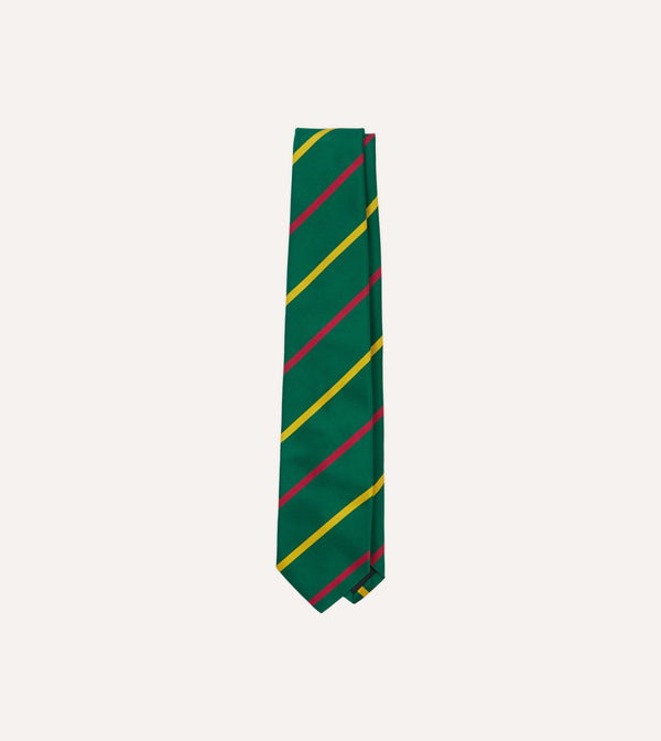 drake's Green Yellow and Pink Bar Stripe Mogador Silk Tipped Tie