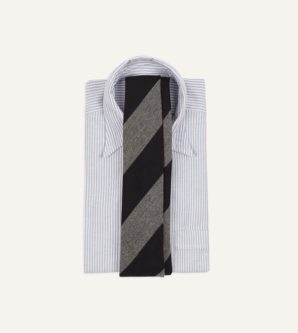 Drake's Grey And Black Block Stripe Hand Rolled Wool Tie