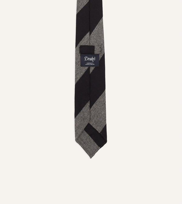 Drake's Grey And Black Block Stripe Hand Rolled Wool Tie