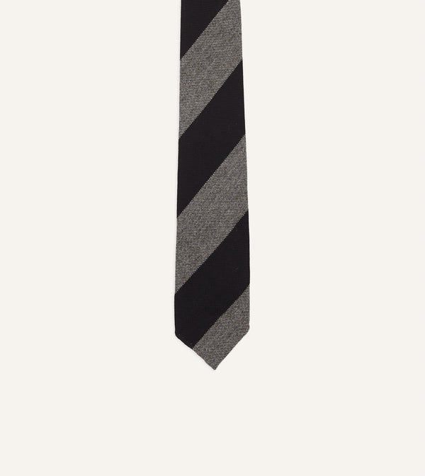 Drake's Grey And Black Block Stripe Hand Rolled Wool Tie