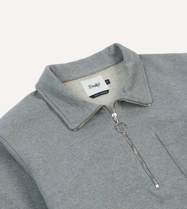 Drake's Grey Cotton Quarter Zip Collared Sweatshirt