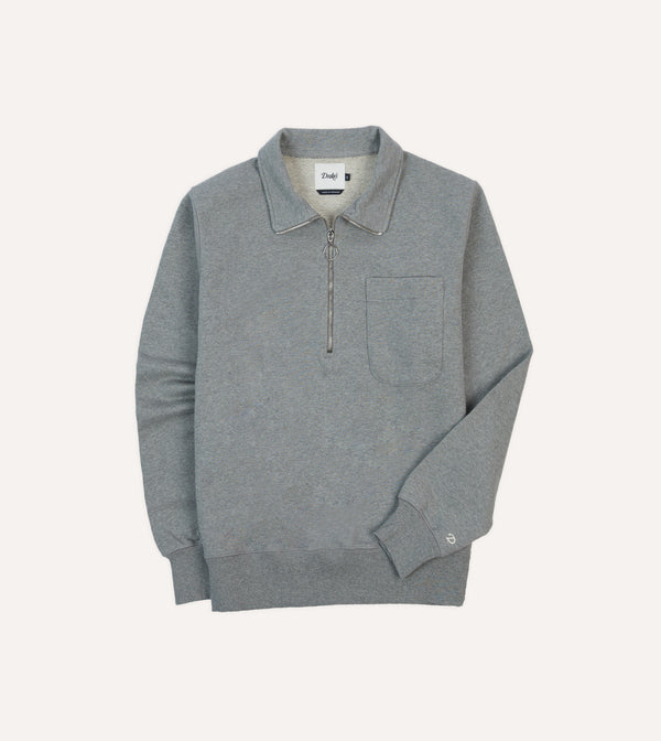 drake's Grey Cotton Quarter Zip Collared Sweatshirt