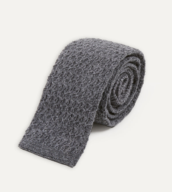 Drake's Grey Knitted Cashmere Wool Solid Colour Tie