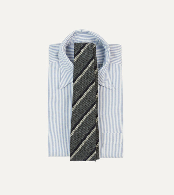 Drake's Grey Navy And White Double Stripe Tipped Wool Tie