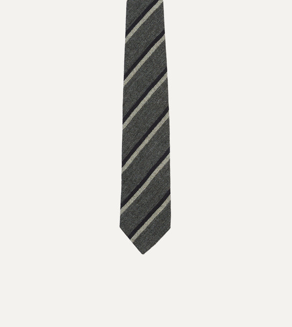 Drake's Grey Navy And White Double Stripe Tipped Wool Tie