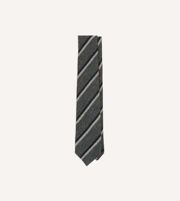 drake's Grey Navy and White Double Stripe Tipped Wool Tie