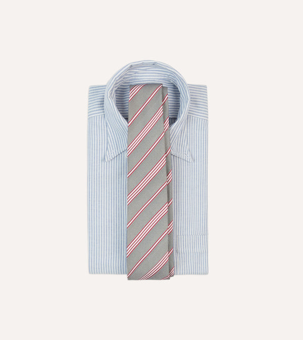 Drake's Grey Red And Ecru Twill Stripe Tipped Silk Grenadine Tie