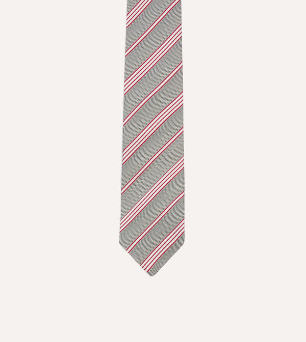 Drake's Grey Red And Ecru Twill Stripe Tipped Silk Grenadine Tie