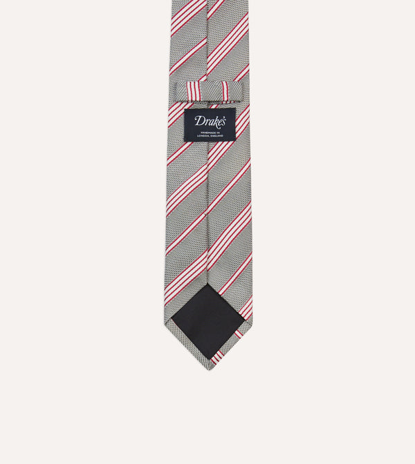 Drake's Grey Red And Ecru Twill Stripe Tipped Silk Grenadine Tie