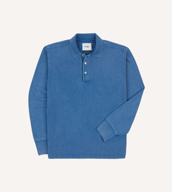 drake's Indigo Cotton Jersey Long-Sleeve Polo Shirt