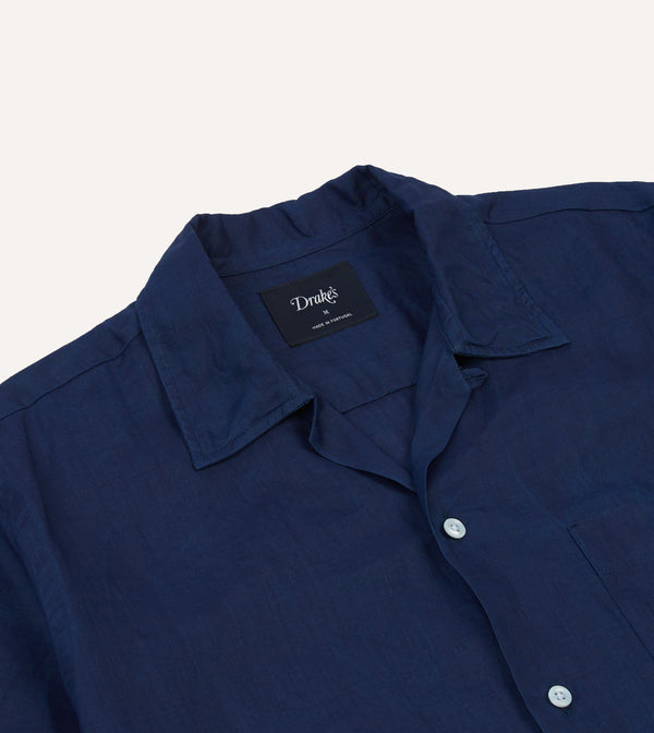 Drake's Indigo Ramie Camp Collar Short Sleeve Shirt