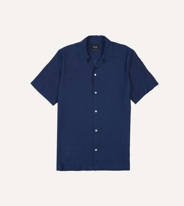 drake's Indigo Ramie Camp Collar Short Sleeve Shirt
