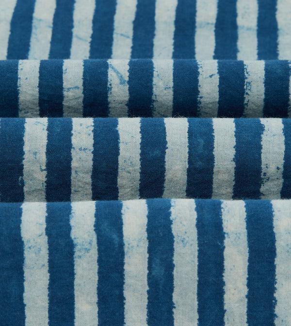 Drake's Indigo Stripe Block Print Cotton Camp Collar Short Sleeve Shirt