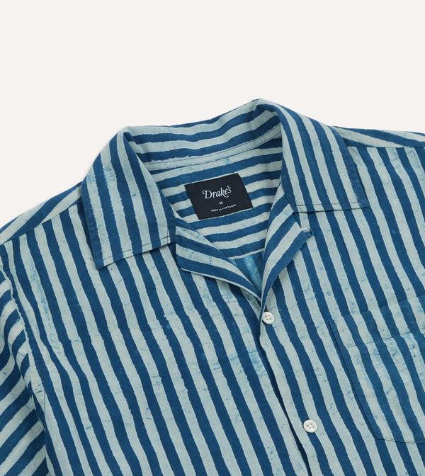 Drake's Indigo Stripe Block Print Cotton Camp Collar Short Sleeve Shirt