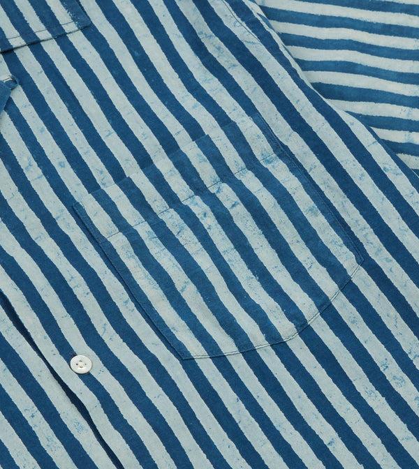 Drake's Indigo Stripe Block Print Cotton Camp Collar Short Sleeve Shirt