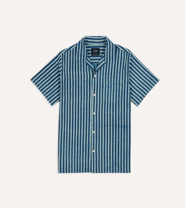 drake's Indigo Stripe Block Print Cotton Camp Collar Short Sleeve Shirt